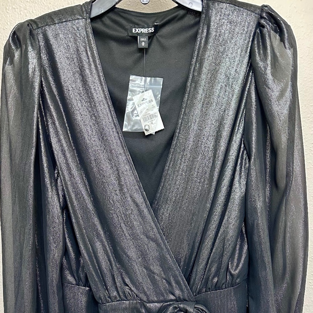 Metallic Tie Front Surplice Wrap mini dress
